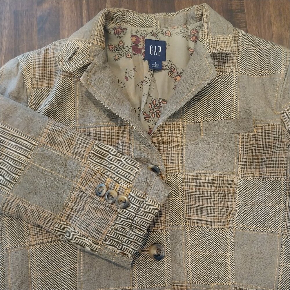 Vintage GAP Jacket Womans 8 Brown Houndstooth Plaid Patchwork Blazer Y2K Cotton.